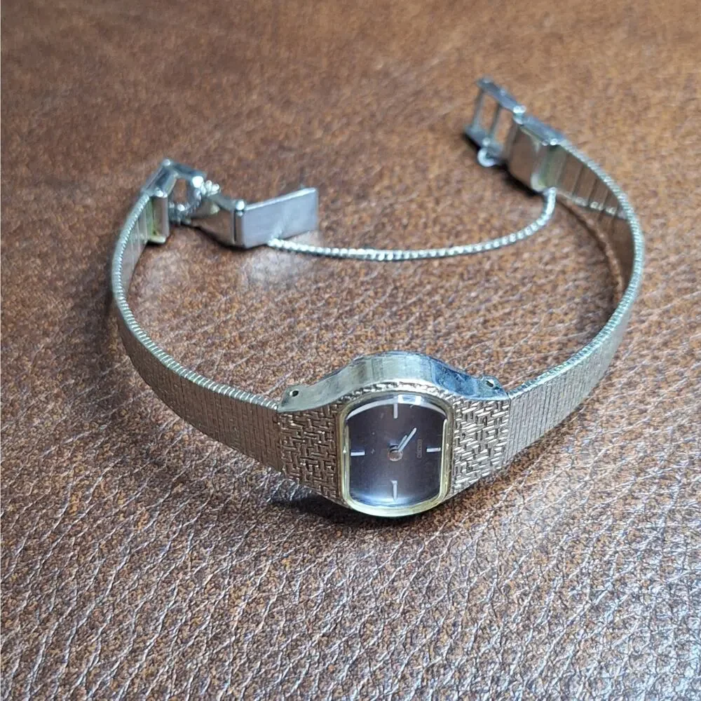 ​RARE VTG Seiko Watch Women 11-3860 WGP Blue Dial Mechanical Mesh Chain RUNS EUC